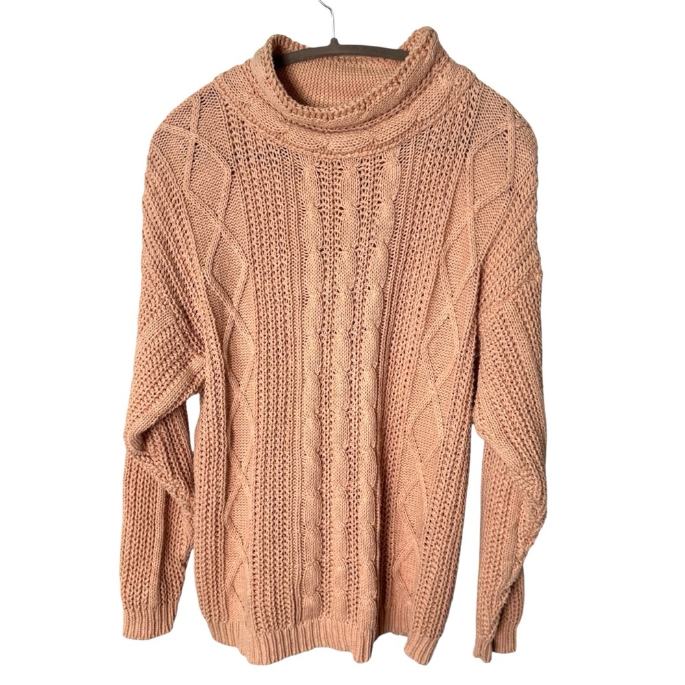Vintage Ramie Cotton Cable Knit Turtleneck Sweater Blush Pink Mock Neck Medium